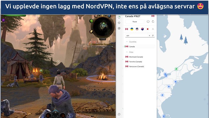 En skärmdump av Neverwinter ansluten till NordVPNs Kanadaserver