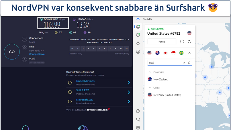 En skärmdump av ett hastighetstest med NordVPNs USA-server