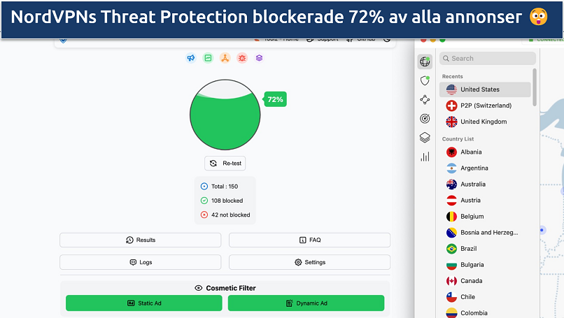 En skärmdump av ett annonstest medan man använder NordVPNs Threat Protection