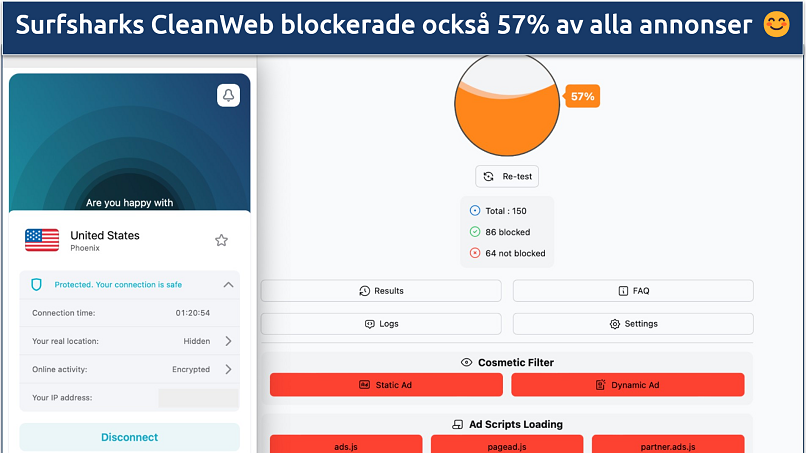 En skärmdump av ett annonstest medan man använder Surfsharks CleanWeb