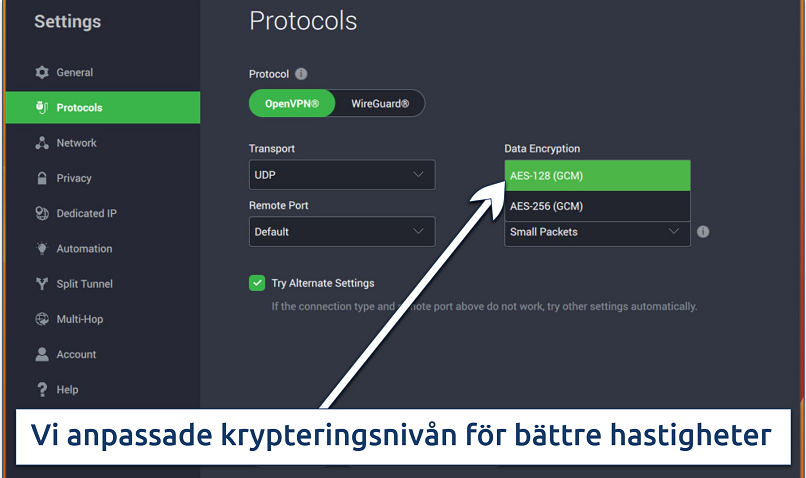 Screenshot of the Protocols settings in PIA's app