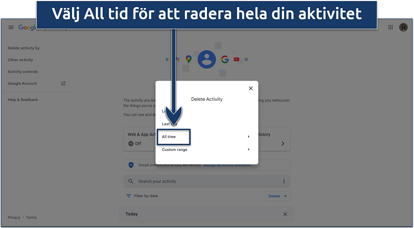 Skärmdump av raderingsalternativ på Google Min aktivitet