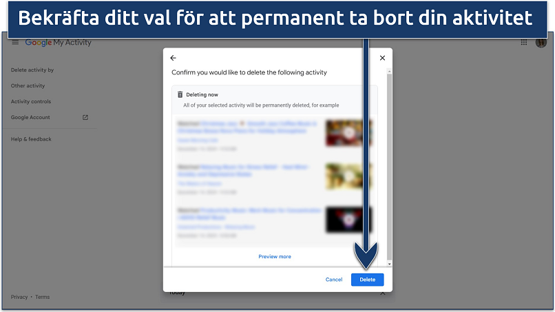 Skärmdump av bekräftelseskärm för radering på Google Min aktivitet