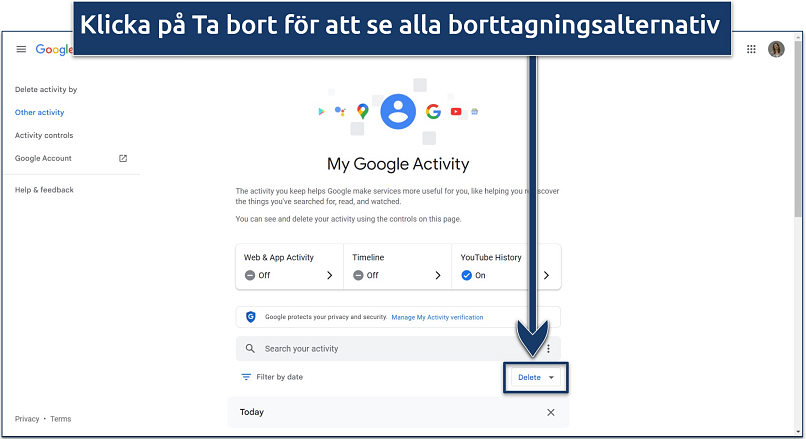 Skärmdump av huvudsidan för Google Min aktivitet