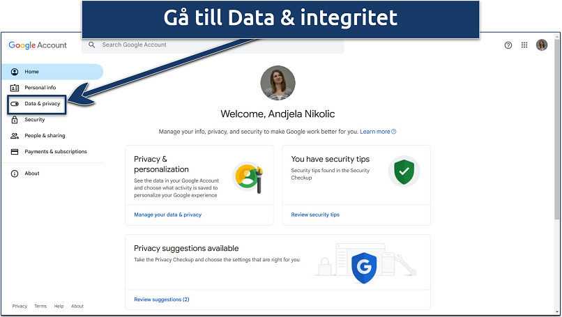 Skärmdump som visar hur du kommer åt dina data- & integritetsinställningar inom ditt Google-konto