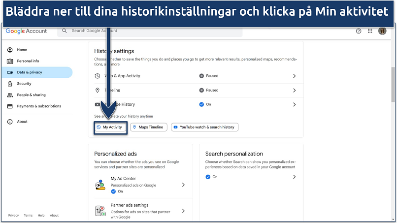 Skärmdump som visar hur du hittar dina historikinställningar inom ditt Google-konto