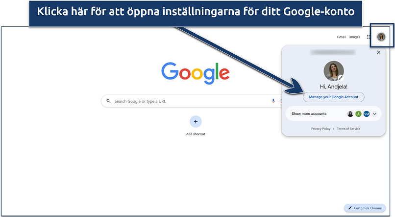 Skärmdump som visar hur man kommer åt inställningar för Google-konto