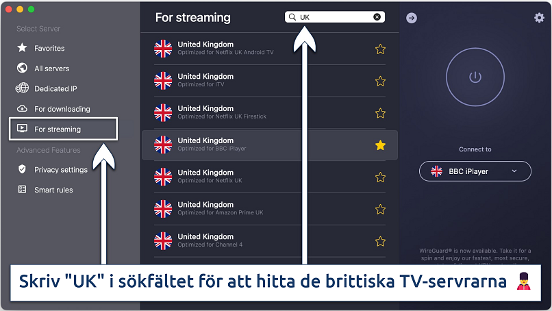 Screenshot of the specialty UK TV servers on CyberGhost's app