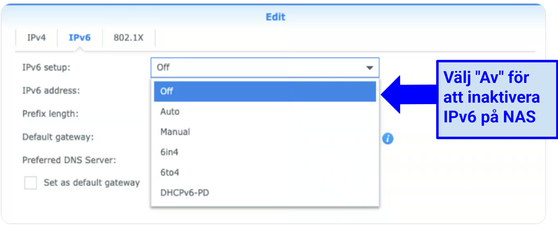 Screenshot showing how to disable IPv6 on Synology NAS