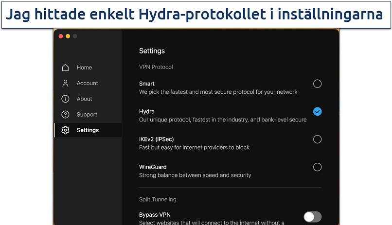 Screenshot of the protocols available in the Hotspot Shield app