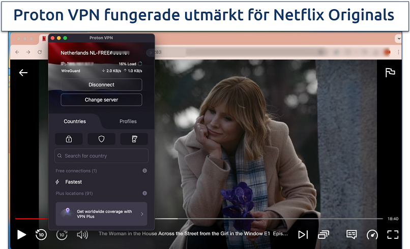 Screenshot of The Woman in the House Across the Street from the Girl in the Window streaming on Netflix Netherlands with Proton VPN connected