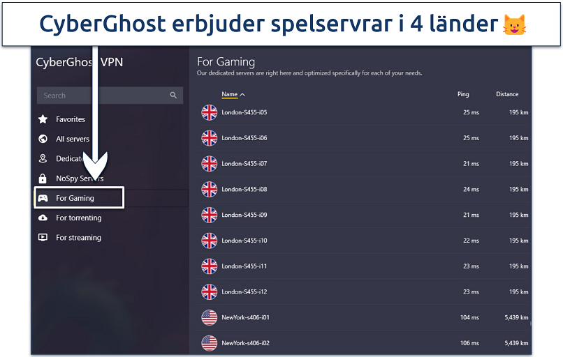 Skärmdump som visar en lista över CyberGhosts spelservrar optimerade för gaming