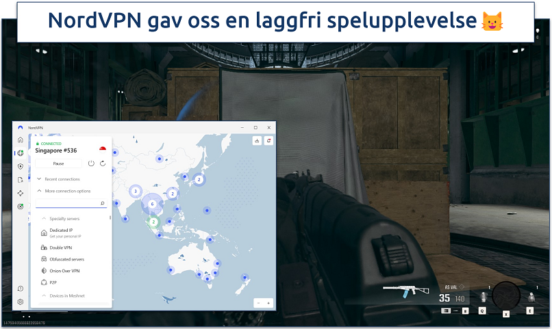 Skärmbild av Warzone-spel med NordVPN anslutet