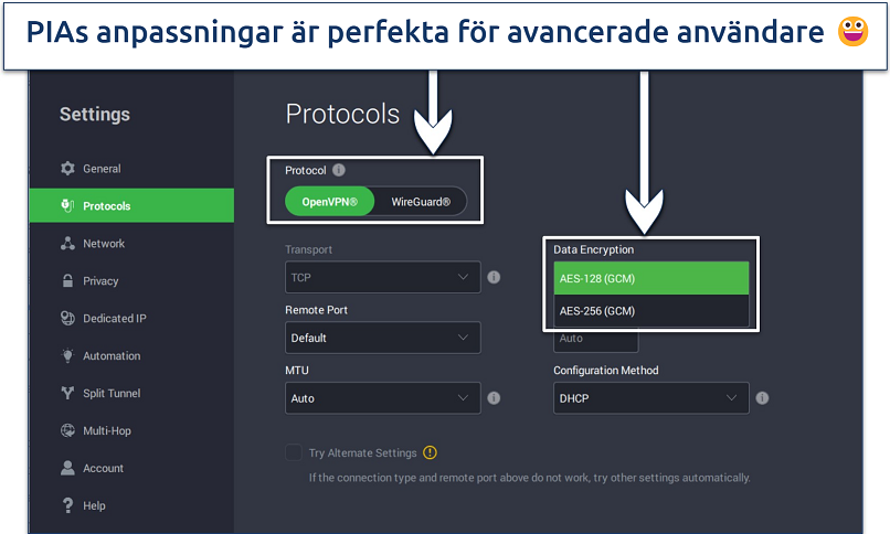 Skärmdump som visar hur du anpassar din VPN-anslutning med PIA