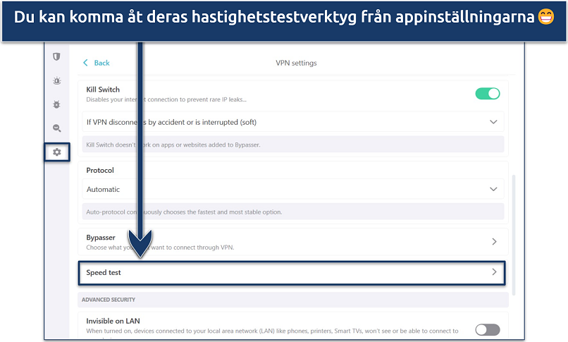 Skärmbild som visar hur man kommer åt Surfsharks hastighetstestverktyg