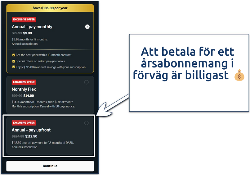 Skärmdump av DAZN:s amerikanska prenumerationsalternativ