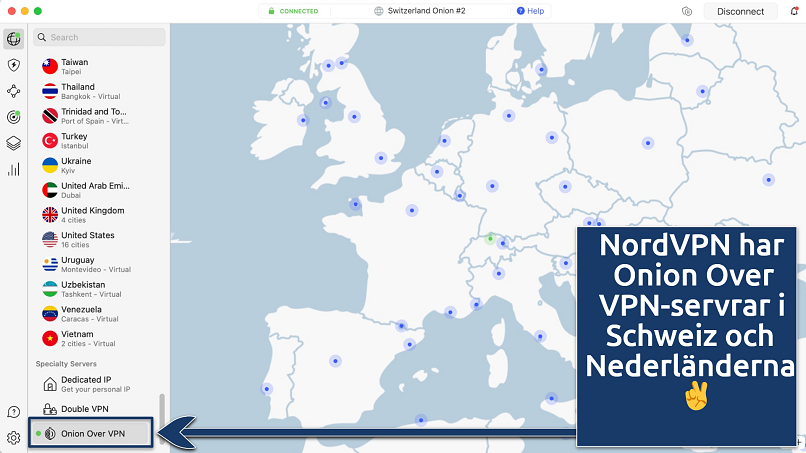 Screenshot showing NordVPN's Onion Over VPN servers