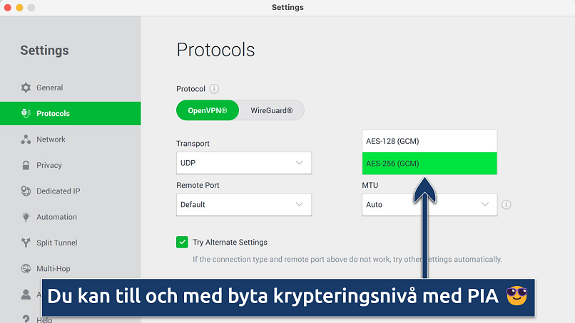 Screenshot showing how to switch encryption levels on the PIA app