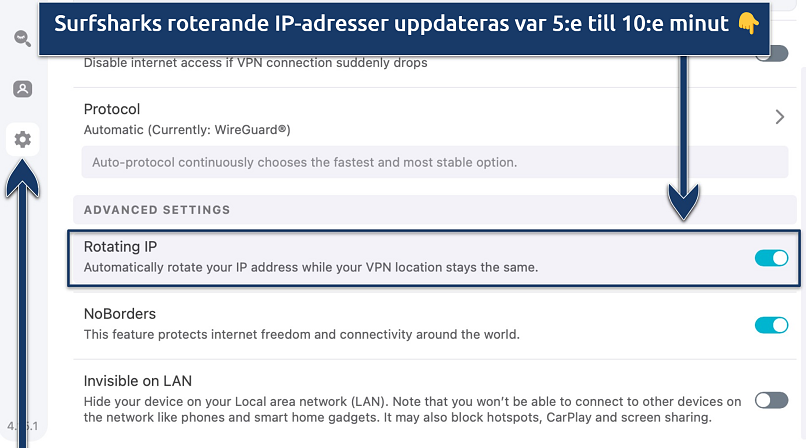 Screenshot showing Surfshark's Rotating IP feature