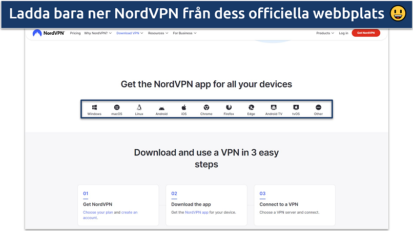 Screenshot of NordVPN's download page on the website