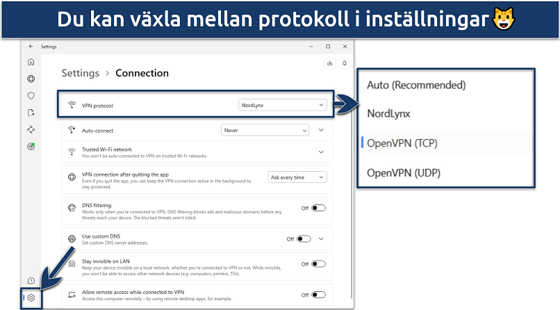 Screenshot of NordVPN's protocol settings