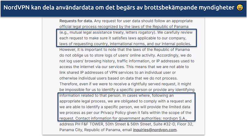 Screenshot of NordVPN's privacy policy showing it may share user data is requested