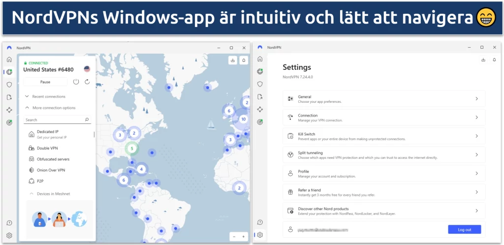 Screenshot of NordVPN's Windows app showing the app server page and the settings page