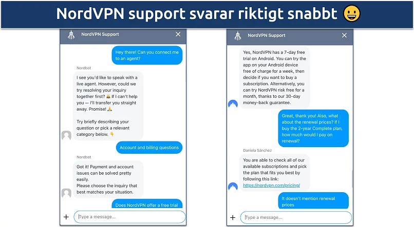 Screenshot of a chat with NordVPN's customer support 