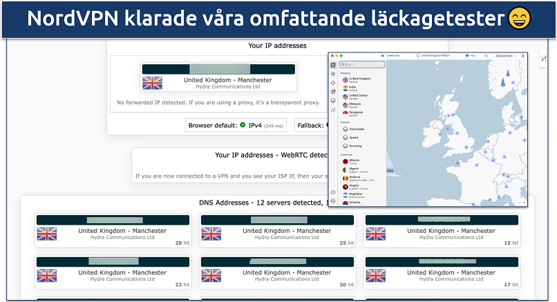 Screenshot of NordVPN's leak protection test
