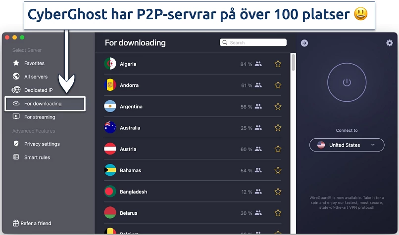 Skärmbild som visar CyberGhosts specialiserade P2P För nedladdning servrar