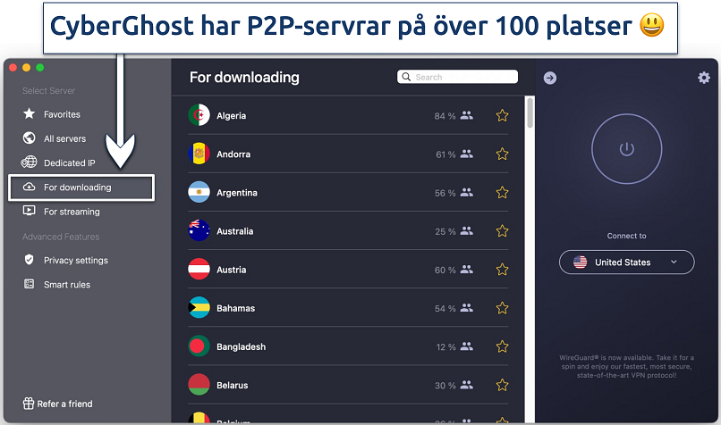 Skärmbild som visar CyberGhosts specialiserade P2P För nedladdning servrar
