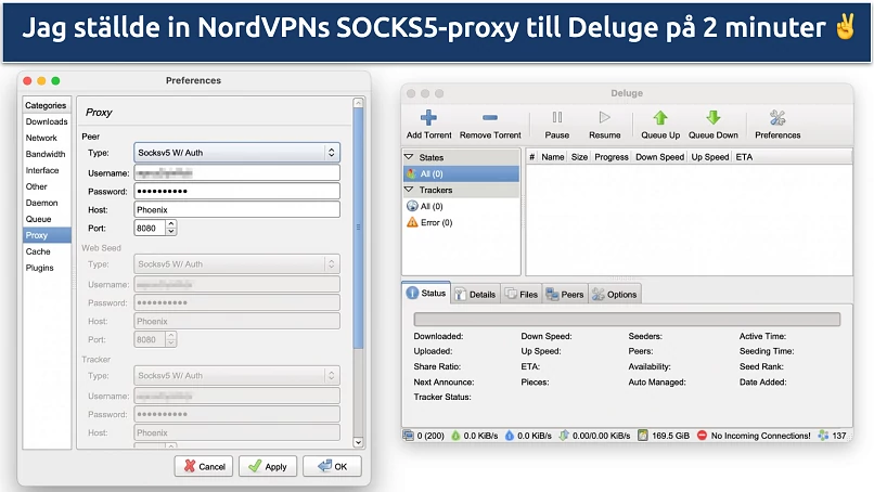 Skärmbild som visar hur man konfigurerar NordVPNs SOCKS5-proxy i Deluge