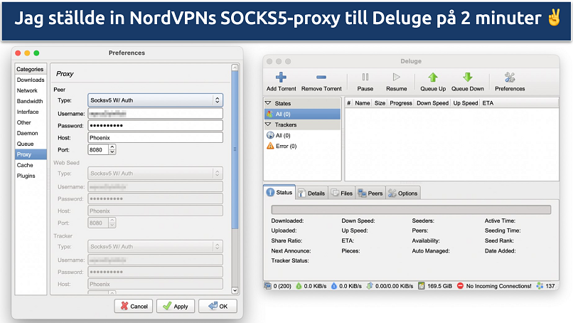 Skärmbild som visar hur man konfigurerar NordVPNs SOCKS5-proxy i Deluge