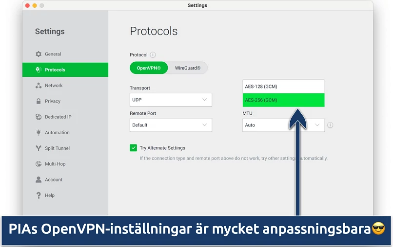 Skärmbild som visar anpassningsalternativen i PIAs inställningsmeny