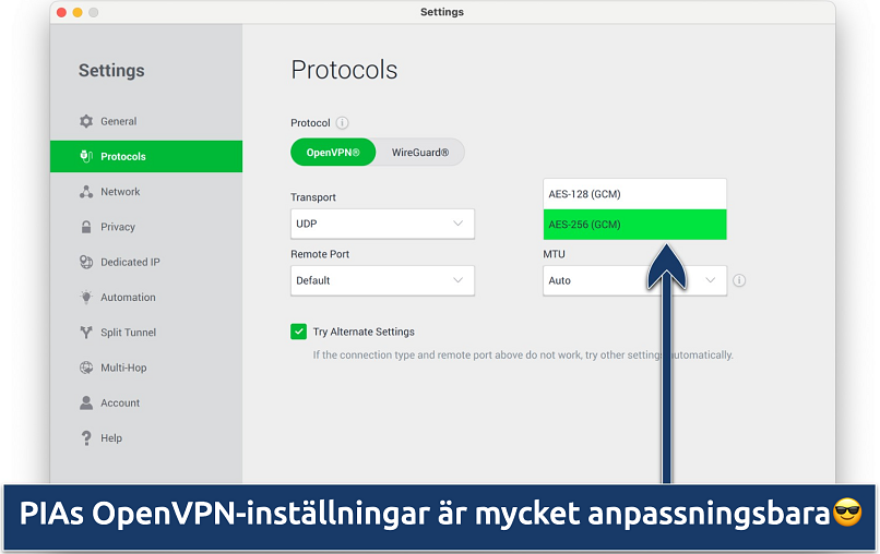 Skärmbild som visar anpassningsalternativen i PIAs inställningsmeny