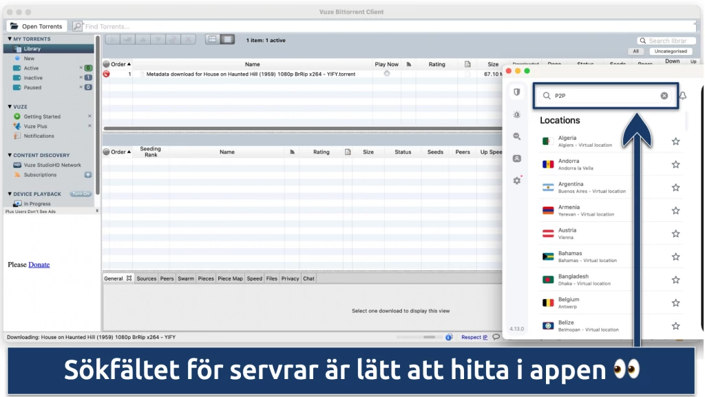 Skärmbild som visar hur man lokaliserar Surfsharks P2P-optimerade servrar