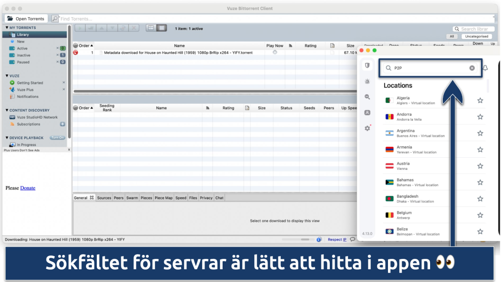Skärmbild som visar hur man lokaliserar Surfsharks P2P-optimerade servrar