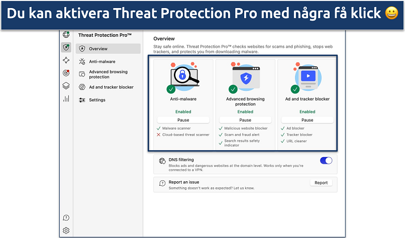 Skärmdump som visar hur man aktiverar NordVPNs Threat Protection Pro