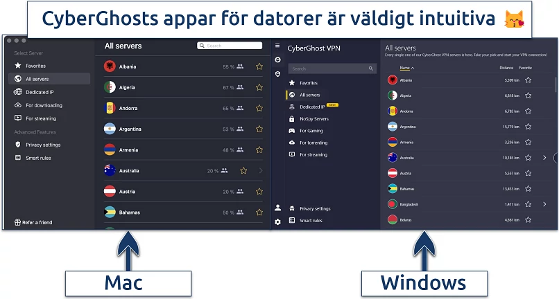 Screenshot of CyberGhost's desktop apps