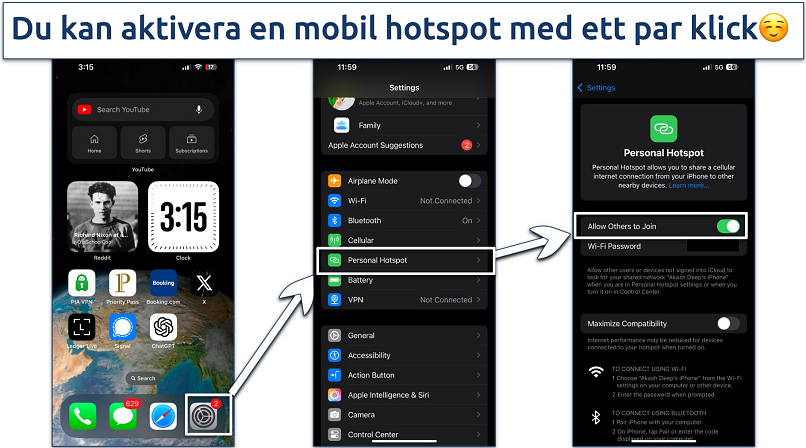 Screenshots showing how to activate a mobile hotspot on an iPhone
