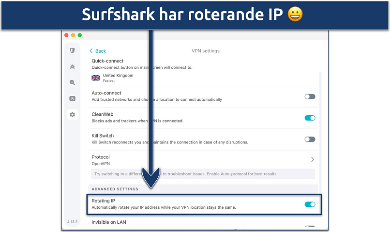 Screenshot of Surfshark's Settings menus with the Rotating IP feature highlighted