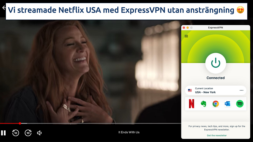 Skärmbild som visar ExpressVPN-appen ansluten till en amerikansk server över Netflix streaming i en webbläsare