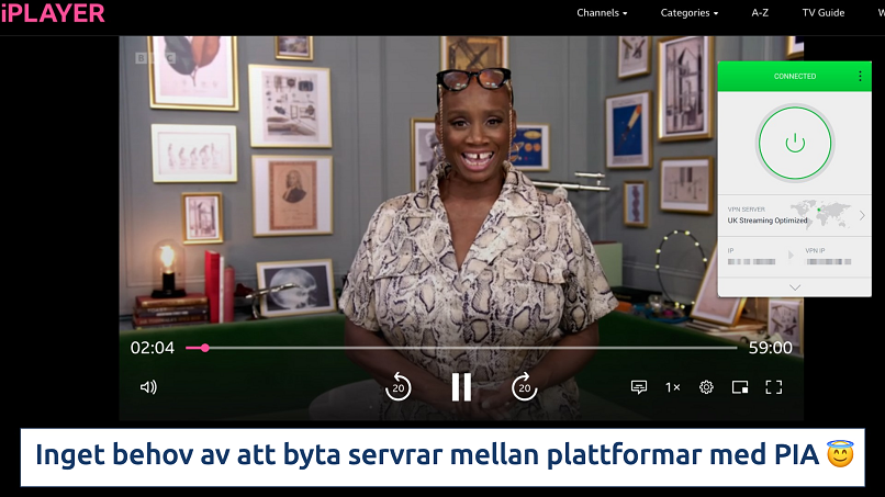 Skärmdump av PIA-appen över en webbläsare som streamar BBC iPlayer