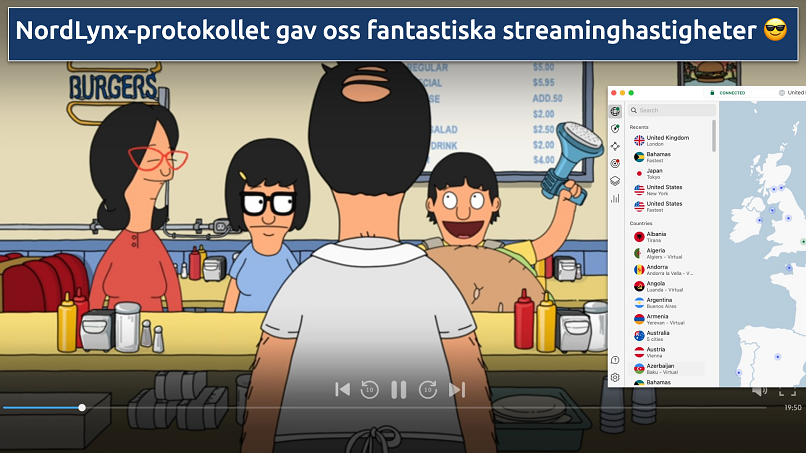 Skärmdump av NordVPN-appen över en webbläsare som streamar Disney+