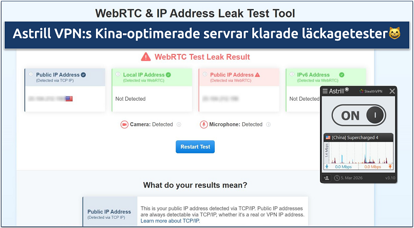 Screenshot showing Astrill VPN passed IP/DNS/WebRTC leak tests