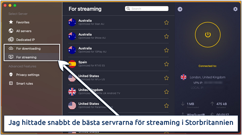 Skärmdump av servrar optimerade för streaming i CyberGhosts macOS-app