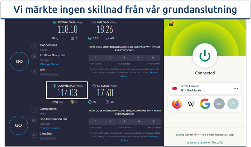 Skärmbild av ett hastighetstest på ExpressVPN:s brittiska servrar