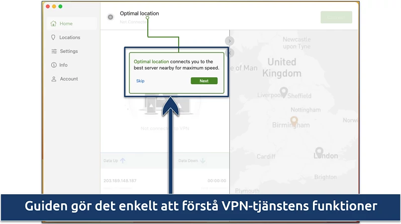 Skärmbilder av nybörjarhandledningen i IPVanish-sektionen