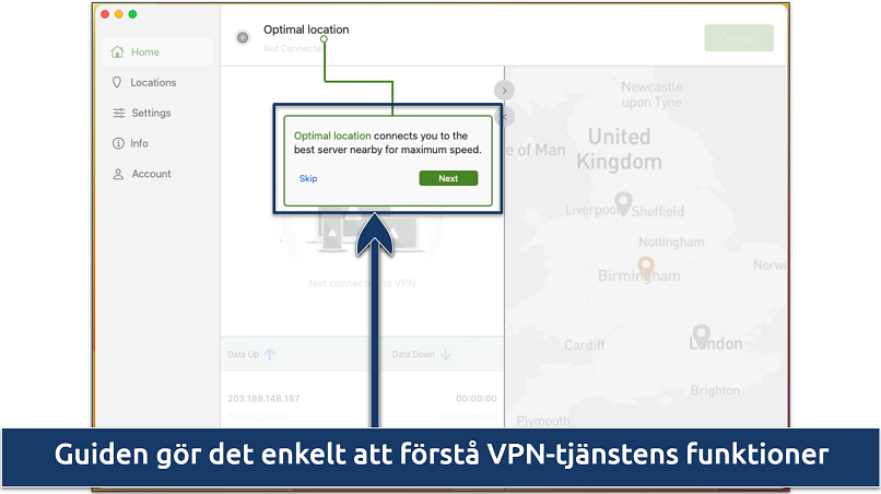 Skärmbilder av nybörjarhandledningen i IPVanish-sektionen