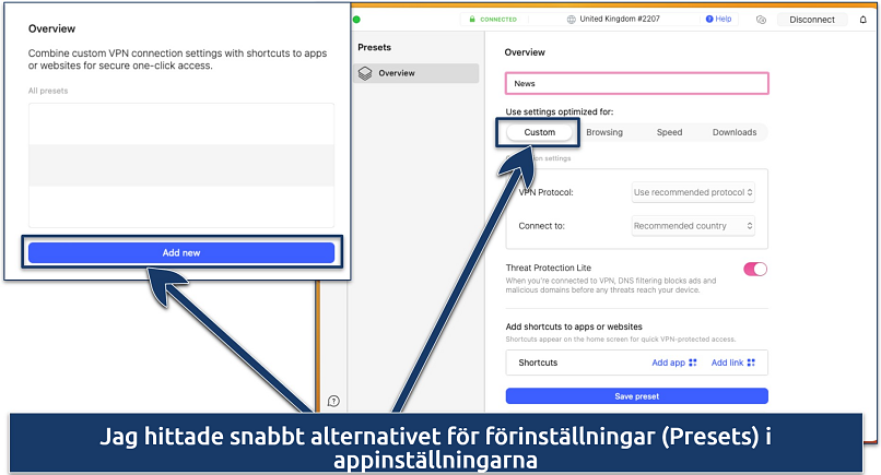 Skärmbild av alternativet för förinställningar i NordVPN-appen